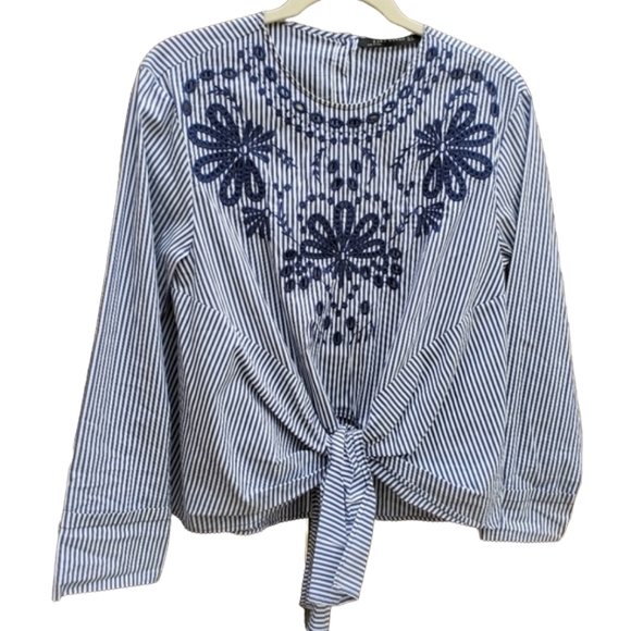 ZARA Striped Embroidered Tie Front Blouse S Long Sleeve Shirt Top Floral Stripes - Picture 7 of 8